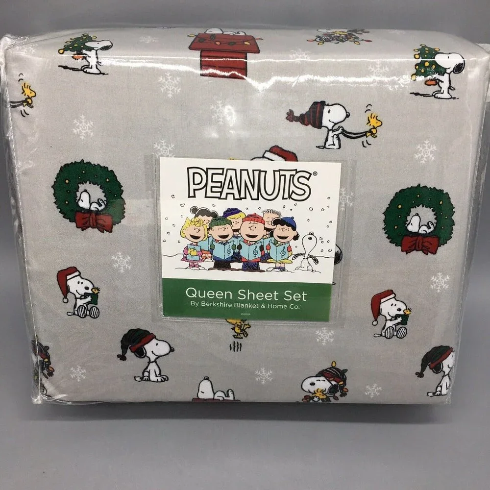 4pc Berkshire Peanuts Christmas QUEEN Sheet Set Snoopy Woodstock Snowflakes Gray